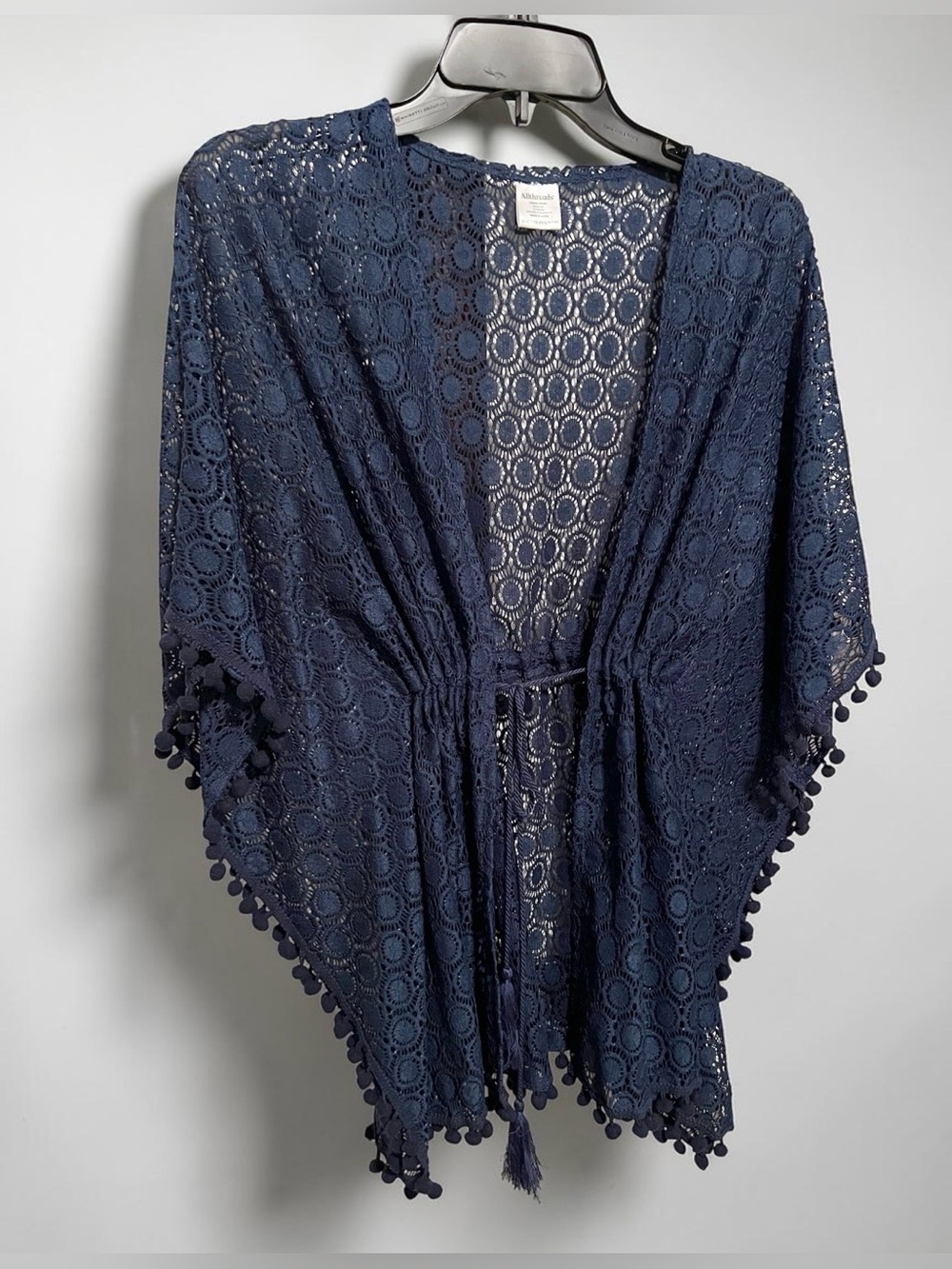 Allthreads Boho Chic Navy Crochet Kimono Cover-Up with Tassel Tie Sz S